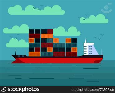 Cargo ship with colored containers in ocean or sea water vector illustration. Cargo ship with containers in ocean or sea vector illustration