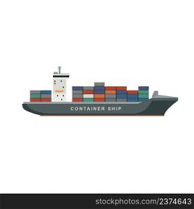 Cargo ship with sea containers. Container ship in flat style on white background. Logistics concept banner.. Container ship in flat style on white background.