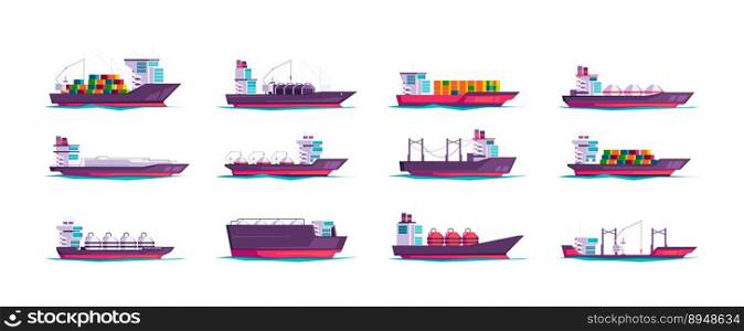 Cargo ships. Sea vessel tanker with shipping containers, commercial freighter shipment cartoon flat style, import export global logistics concept. Vector set. Large water transport for trading. Cargo ships. Sea vessel tanker with shipping containers, commercial freighter shipment cartoon flat style, import export global logistics concept. Vector set