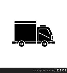 Cargo taxi black glyph icon. Delivery truck service. Moving assistance. Cargo van. Commercial vehicle. Packages transportation. Silhouette symbol on white space. Vector isolated illustration. Cargo taxi black glyph icon