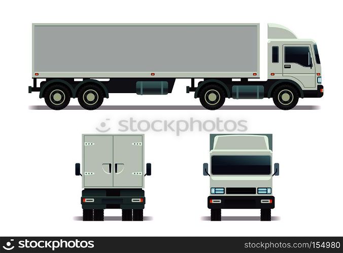 Cargo track in three points of view isolated on white. vector template for corporate identity. Long cargo truck with container, illustration of truck front, back and side view. Cargo track in three points of view isolated on white. vector template for corporate identity