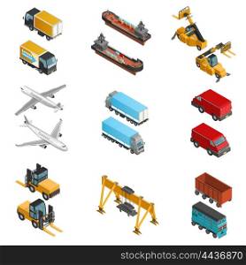 Cargo Transport Isometric Icons Set. Isometric icons set of air land and water cargo transport vehicles with different loading machines isolated vector illustration