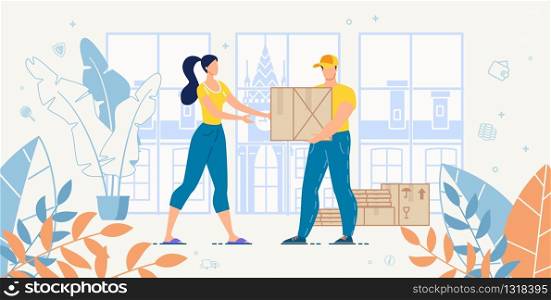 Cargo Transportation Home Express Delivery and Logistic Fast and Reliable Service Advert. Woman Customer Receiving Ordered Goods in Cardboard Packages from Deliveryman. House Moving. Freight Shipment. Cargo Transportation Home Delivery Service Advert