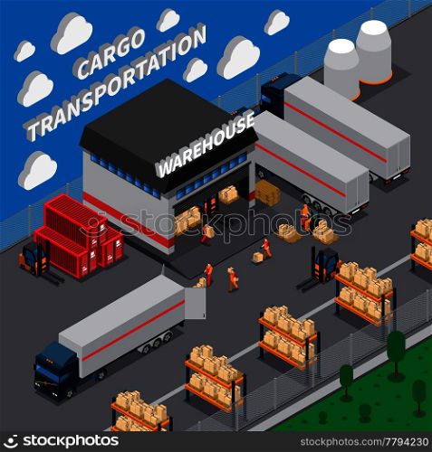 Cargo transportation isometric composition with warehouse, parking, shelves with goods, loading packages in truck vector illustration. Cargo Transportation Isometric Composition