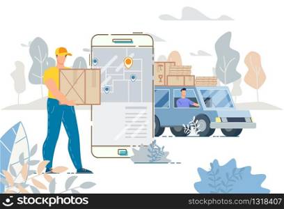 Cargo Truck Delivery Service and Tracking System Mobile App. City logistics. Loaded Lorry Van and Driver, Courier Carrying Heavy Parcel. Smartphone and Open City Map with Location Marks in Screen. Cargo Truck Delivery Service Tracking System App