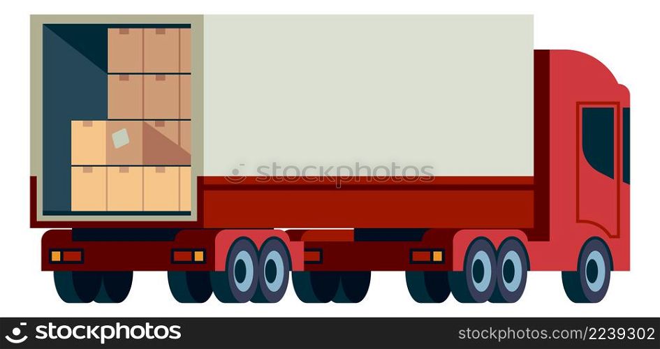 Cargo truck with cardboard boxes inside. Shipping transport isolated on white background. Cargo truck with cardboard boxes inside. Shipping transport