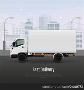 Cargo vehicle for fast delivery realistic composition in white grey colors on city background vector illustration. Cargo Vehicle Realistic Composition