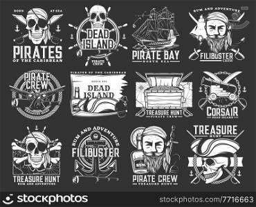 Caribbean pirates and corsair icons. Treasure hunt adventure monochrome vector emblems set with human skull in bandana and tricorne hat, pirate ship and cutlass sabre, anchor, steering wheel and rum. Caribbean pirates and corsair monochrome icons