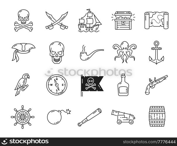 Caribbean pirates outline icons. Filibusterer ship and cannon, buccaneer captain and treasure chest, compass, anchor and jolly roger skull, sea monster, rum and corsair hat, weapon thin line icons. Caribbean pirates, filibusterer outline icons