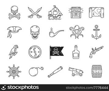 Caribbean pirates outline icons. Filibusterer ship and cannon, buccaneer captain and treasure chest, compass, anchor and jolly roger skull, sea monster, rum and corsair hat, weapon thin line icons. Caribbean pirates, filibusterer outline icons