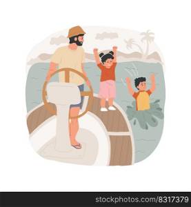 Caribbean sailing isolated cartoon vector illustration. Family on a small yacht, kids jumping in water, carribean style sea sailing, father standing at the helm, summer vacation vector cartoon.. Caribbean sailing isolated cartoon vector illustration.