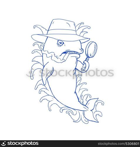 Caricature drawing cartoon style illustration of a Detective Orca Killer Whale holding a magnifying glass , wearing a fedora hat and smoking cigar with waves on isolated background.. Detective Orca Killer Whale Drawing
