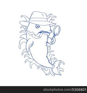 Caricature drawing cartoon style illustration of a Detective Orca Killer Whale holding a magnifying glass , wearing a fedora hat and smoking cigar with waves on isolated background.. Detective Orca Killer Whale Drawing