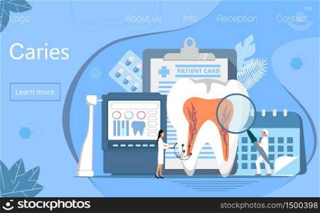 Caries vector concept for dentist landing page. Tiny dentists help toothache, treat pulpitis, to whiten enamel or recovery implant. National Dental Hygiene Month celebrated in October.. Caries vector concept for dentist landing page. Tiny dentists help toothache, treat pulpitis, to whiten enamel