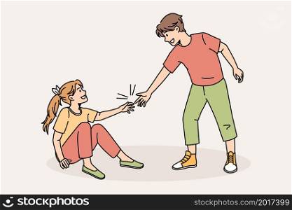 Caring boy give hand help friend rise up after falling. Kind small child show care for girl mate. Good behavior example. Upbringing and childhood. Offer aid to people in need. Vector illustration.. Caring boy help friend rise up after falling