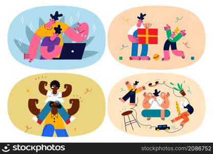 Caring dad play together with small son child, enjoy weekend use computer together. Loving father celebrate birthday with kid rest feel playful. Fatherhood concept. Flat vector illustration. Set.. Set of loving dad enjoy weekend time with small kid
