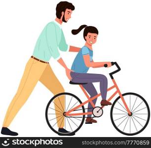 Caring dad teaching daughter to ride bike for first time. Father helping girl kid riding bicycle. Parenting, fatherhood concept. Parent actively spends time with child outdoors. Family walk in park. Caring dad teaching daughter to ride bike for first time. Father helping girl riding bicycle in park