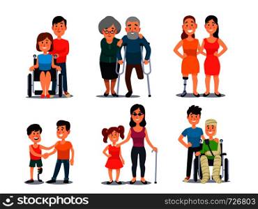 Caring disabled person. Handicapped people with group of friends. Friendly help and care to happy disability man or woman colorful orange green red blue yellow gray purple isolated cartoon vector set. Caring disabled person. Handicapped people with group of friends. Friendly help and care to disability man or woman cartoon vector set