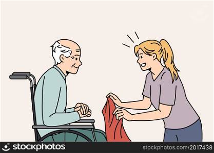 Caring female nurse cover sick old male patient sitting in wheelchair cure in hospital. Attentive caregiver help mature elderly grandfather in retirement or nursing home. Flat vector illustration.. Attentive caregiver take care of mature patient in wheelchair