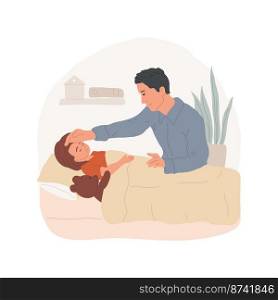 Caring for a sick child isolated cartoon vector illustration. Parent sitting by the bed, nursing a sick child, taking care of an ill toddler, giving medicine, touching forehead vector cartoon.. Caring for a sick child isolated cartoon vector illustration.