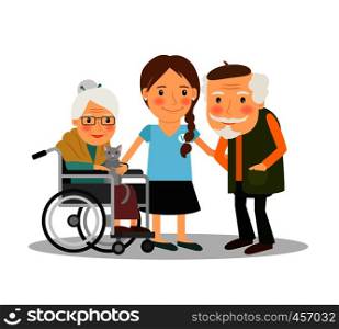 Caring for elderly patients. Young woman assisting elderly people. Vector illustration. Caring for elderly patients