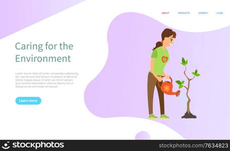 Caring for environment, woman holding watering-can, volunteer watering tree, support of ecosystem, agriculture community, volunteering vector. Website or slider app, landing page flat style. Ecosystem Support, Volunteer Woman, Tree Vector