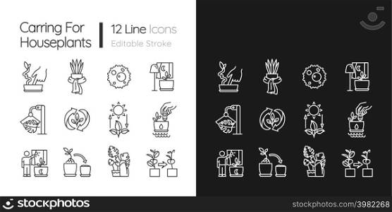 Caring for houseplants linear icons set for dark, light mode. Correct watering and light. Thin line symbols for night, day theme. Isolated illustrations. Editable stroke. Quicksand-Light font used. Caring for houseplants linear icons set for dark, light mode