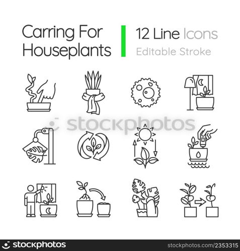 Caring for houseplants linear icons set. Potted plants growing. Correct watering and light. Houseplant care. Customizable thin line symbols. Isolated vector outline illustrations. Editable stroke. Caring for houseplants linear icons set