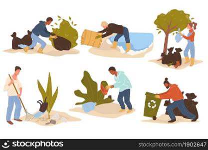 Caring for nature and cleaning waste and garbage, people volunteering and protecting natural resources. Using rakes to get rid of litter. Picking plastic bags from bushes. Vector in flat style. Volunteers cleaning spots and caring for nature