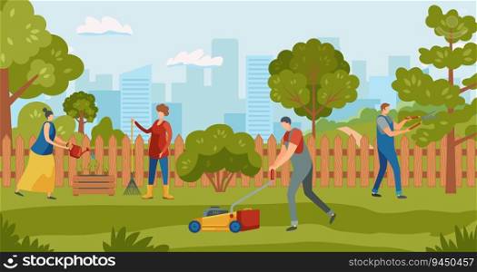 Caring for plants in greenhouse. Gardener characters growing plants. Women watering plants, men cutting leaves on trees and grass with lawnmower. Seasonal activity in backyard vector. Caring for plants in greenhouse. Gardener characters growing plants. Women watering plants, men cutting leaves on trees