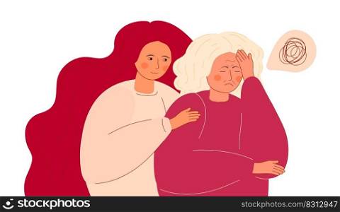 Caring for the elderly concept vector of. Daughter hugs mom, grandmother. Senior care for the elderly. Old Wonham has Alzheimer’s.. Caring for the elderly concept vector of. Daughter hugs mom, grandmother.