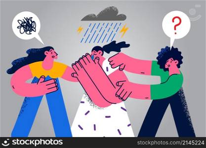 Caring friends help sad unhappy girl crying suffering from mental disorder or depression. Distressed young woman struggle with psychological issue or anxiety problem. Flat vector illustration. . Friends help unhappy woman suffering from depression