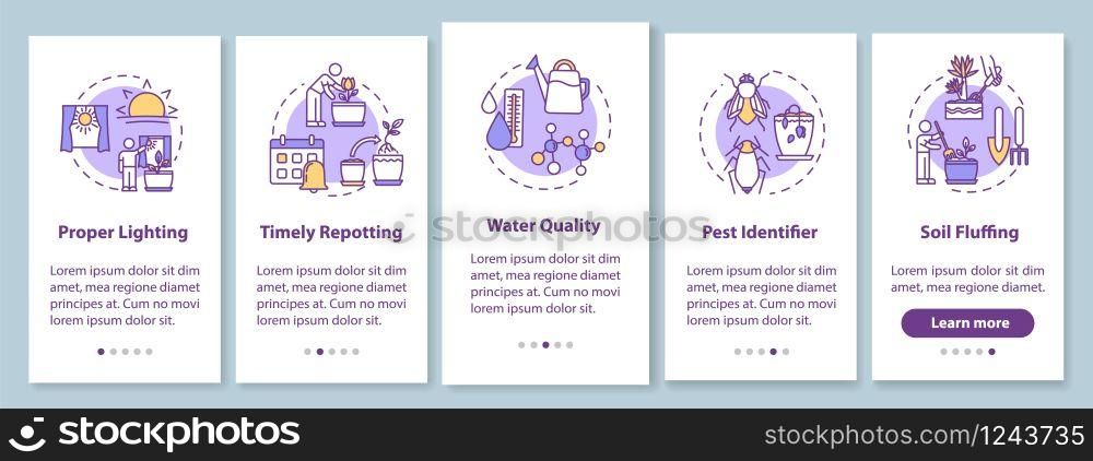 Caring houseplants onboarding mobile app page screen with concepts. Proper lighting. Floriculture walkthrough five steps graphic instructions. UI vector template with RGB color illustrations