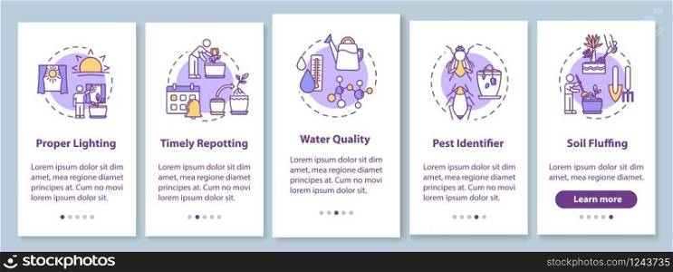 Caring houseplants onboarding mobile app page screen with concepts. Proper lighting. Floriculture walkthrough five steps graphic instructions. UI vector template with RGB color illustrations