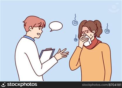 Caring male doctor help unhealthy woman sneezing suffering from flu or cold. Therapist or GP consult sick girl struggling with covid-19. Vector illustration. . Male doctor help sick woman with flu
