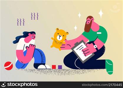 Caring man doctor or nurse comfort crying small kid give teddy bear to play with. Loving attentive male caregiver support cheer unhappy upset little child in hospital or clinic. Vector illustration. . Caring caregiver support comfort crying little kid
