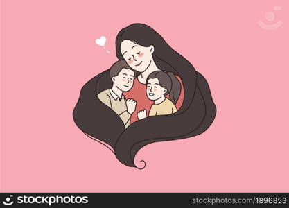 Caring mom hug embrace small children son and daughter show love support in family relation. Mother cuddle kids feel grateful thankful. International women day. Motherhood. Flat vector illustration.. Caring mom hug two little children show love