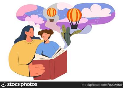 Caring mother read book to small teen daughter, dream of wonderland together. Loving mom or nanny enjoy story with little girl child. Children education, learner, literature. Vector illustration. . Mother read interesting book to small daughter