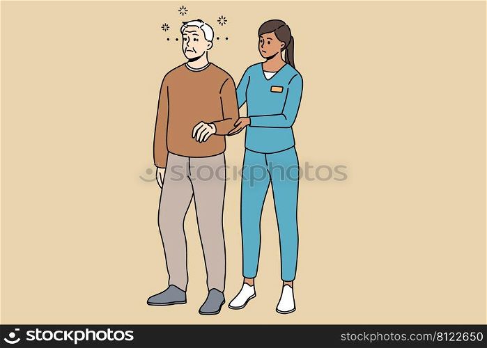 Caring nurse help elderly male patient walking suffering from dizziness. Therapist or medical worker assist mature grandparent with rehabilitation. Healthcare. Vector illustration. . Nurse helping mature patient with walking 