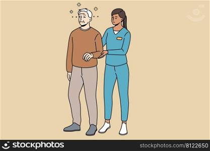 Caring nurse help elderly male patient walking suffering from dizziness. Therapist or medical worker assist mature grandparent with rehabilitation. Healthcare. Vector illustration. . Nurse helping mature patient with walking 