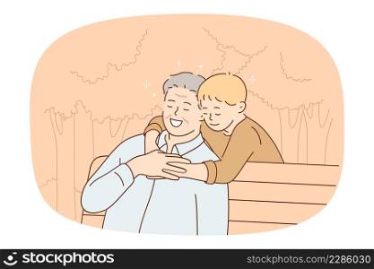 Caring small boy child hug smiling old grandfather sitting on bench feel grateful and thankful. Cute little grandchild embrace happy mature granddad relax together in park. Vector illustration. . Caring boy child hug smiling mature granddad