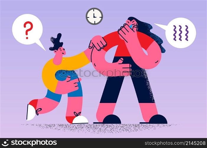 Caring small kid support comfort unhappy sad crying mother suffering from depression or anxiety. Loving little son caress hug upset anxious mom having mental disorder. Vector illustration. . Caring small son comfort support unhappy crying mom