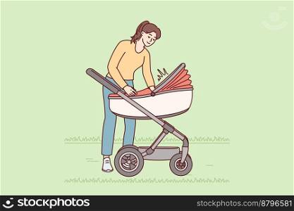 Caring woman walks with kid in stroller soothing crying toddler and adjusting blanket or checking diaper. Loving mother courting son or daughter walking outdoors. Flat vector illustration. Caring woman walks with kid in stroller soothing crying toddler and adjusting blanket Vector image