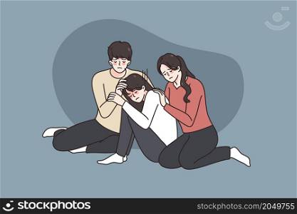 Caring young family hug support upset small teen daughter feeling upset depressed of school bullying. Supportive loving parents cuddle comfort unhappy stressed teenager child. Vector illustration. . Caring family comfort support sad teen daughter