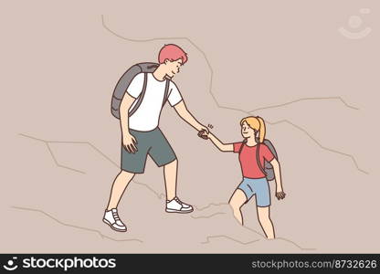 Caring young man climbing on mountain give hand help woman friend. Smiling male assist female hiking together. Friendship and mountaineering. Vector illustration. . Caring man help woman with climbing 