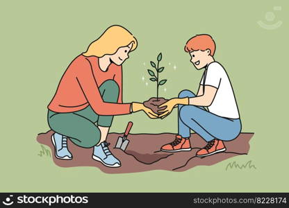 Caring young mother and son planting tree together. Smiling mom and child put seedling in ground care about nature and environment. Vector illustration. . Young mother and child plant tree