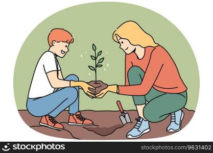 Caring young mother and son planting tree together. Smiling mom and child put seedling in ground care about nature and environment. Vector illustration.. Young mother and child plant tree