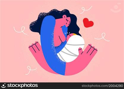 Caring young mother breastfeed newborn baby hug close to body sitting in natural position. Loving mom feed little infant child kid with breast milk. Childcare concept. Vector illustration. . Caring mother breastfeeding newborn baby
