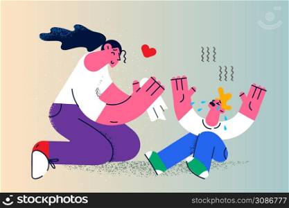 Caring young mother help caress unhappy hurt little son falling. Loving mom comfort upset crying small boy child stressed with trauma or offence. Parenting and motherhood. Vector illustration. . Caring mom help comfort unhappy crying small son