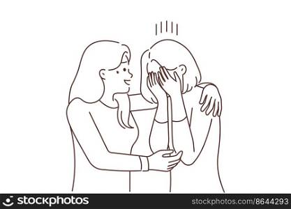 Caring young woman hug comfort unhappy crying friend suffer from life problems. Smiling female embrace caress upset distressed girlfriend. Friendship and support. Vector illustration. . Caring woman comfort unhappy friend 